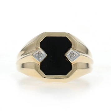 Yellow Gold Onyx Diamond Men's Ring - 10k