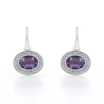 White Gold Amethyst Diamond Drop Halo Drop Earrings - 14k Oval 2.68ctw Pierced