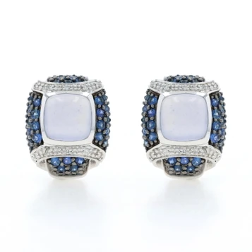 White Gold Blue Chalcedony Sapphire Diamond Lg Stud Earrings 14k Sq Cab 11.48ctw