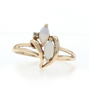 Yellow Gold Opal Diamond Ring - 10k Marquise Cabochon .31ctw Two-Stone