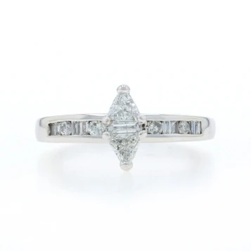 White Gold Diamond Cluster Engagement Ring - 14k Trillion Baguette Rd .66ctw