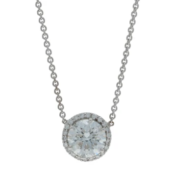 White Gold Diamond Halo Pendant Necklace 18" - 14k Round 1.45ctw GIA Adjustable