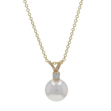 Yellow Gold Akoya Pearl Diamond Pendant Necklace 18" - 14k