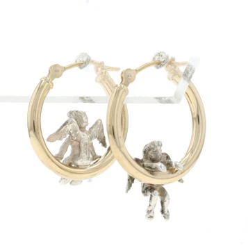 Sterling Silver Playful Cherub Hoop Earrings - 925 14k Guardian Angels Pierced