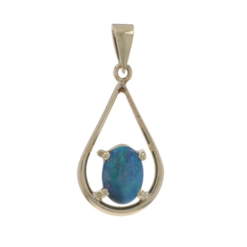 Yellow Gold Australian Opal Solitaire Pendant - 10k Oval Cabochon .70ct