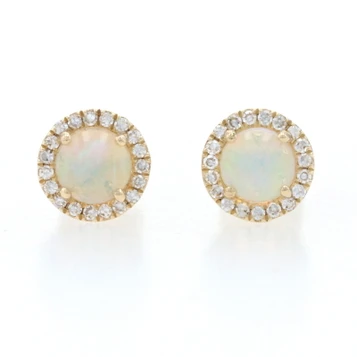Yellow Gold Opal & Diamond Halo Stud Earrings -14k Round Cabochon .48ctw Pierced