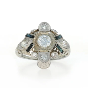 WhiteGold Diamond Lab-Created Sapphire Art Deco Ring 18k 950Platinum Euro .90ctw