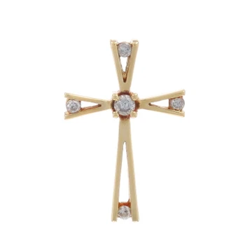 Yellow Gold Diamond Cross Pendant - 10k Round Brilliant .12ctw Faith