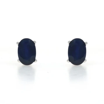 White Gold Sapphire Stud Earrings - 14k Oval 1.06ctw Pierced