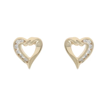 Yellow Gold Diamond Heart Ribbon Stud Earrings - 14k Round .18ctw Love Pierced