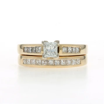 Yellow Gold Diamond Engagement Ring & Wedding Band - 14k Princess 1.08ctw