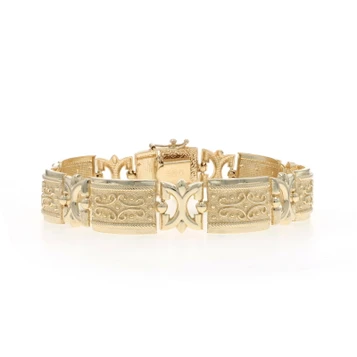 Yellow Gold Scrollwork Panel Link Bracelet 7 1/4" - 14k