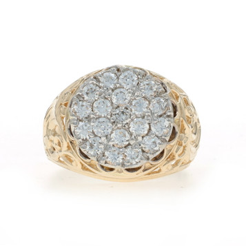 Yellow Gold Cubic Zirconia Men's Ring - 10k Round Brilliant 1.30ctw Scroll