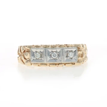Yellow Gold Diamond Nugget Men's Ring - 10k Round Brilliant Three-Stone