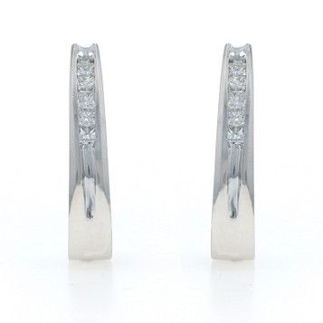 White Gold Diamond J-Hook Earrings - 14k Princess .60ctw Channel Set Pierced