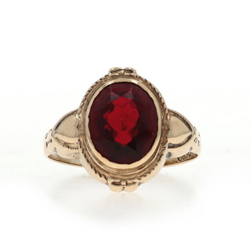Yellow Gold Garnet Vintage Solitaire Ring - 10k Oval 3.15ct