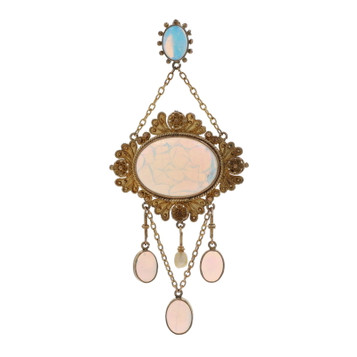Yellow Gold Opal Pearl Edwardian Dangle Pendant - 10k Oval Cab 6.92ctw Antique