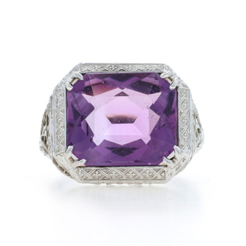 White Gold Amethyst Art Deco Cocktail Solitaire Ring - 18k Rect 8.63ctw Vintage