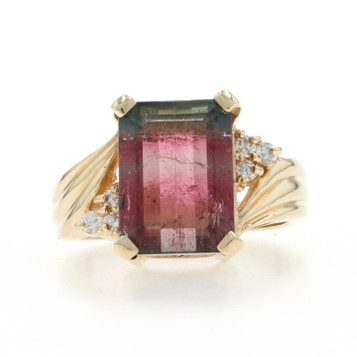 Yellow Gold Watermelon Tourmaline Diamond Ring - 14k Emerald 7.35ctw