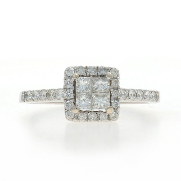 White Gold Diamond Cluster Halo Engagement Ring - 14k Princess & Round .50ctw