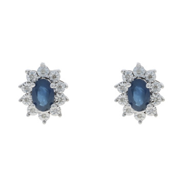 White Gold Sapphire Diamond Halo Stud Earrings - 10k Oval .98ctw Floral Pierced