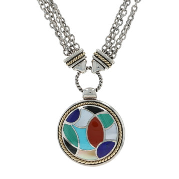 Sterling Silver Coral Turquoise Malachite Necklace 16 1/2" - 925 18k Inlay