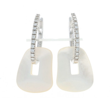White Gold Diamond Onyx Mother of Pearl Convert Hoop Dangle Earrings 18k .48ctw