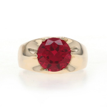 Yellow Gold Lab-Created Ruby Men's Ring - 10k Round 3.93ct Solitaire Buttercup