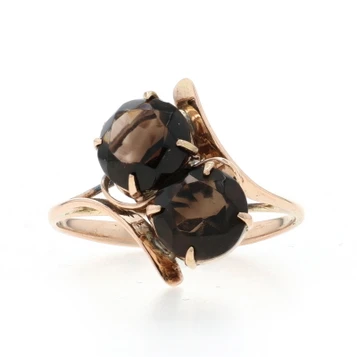 Yellow Gold Smoky Quartz Vintage Two-Stone Bypass Ring - 10k Round 1.12ctw