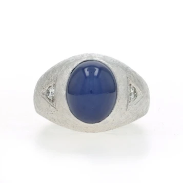 White Gold Lab-Created Star Sapphire Diamond Men's Ring - 10k Oval Cab 7.15ctw