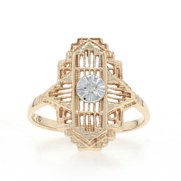 Yellow Gold Diamond Vintage Solitaire Ring - 10k Single Cut Filigree