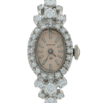 Hamilton Diamond Vintage Ladies Watch - White Gold 14k Manual Round 2.02ctw