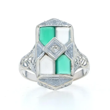 White Gold Diamond Chalcedony Rock Quartz Art Deco Cocktail Ring - 14k Vintage