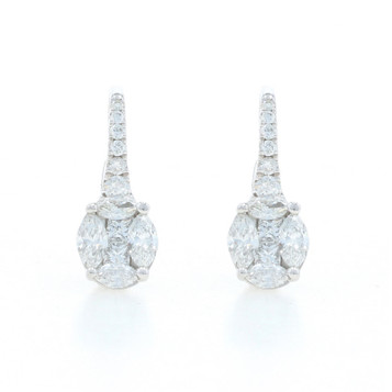 White Gold Diamond Cluster Drop Earrings - 18k Princess .61ctw Pierced