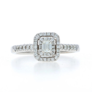 White Gold Diamond Double Halo Engagement Ring - 14k Emerald Cut .50ctw