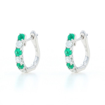 White Gold Emerald Diamond J-Hoop Earrings - 18k Round .74ctw Pierced