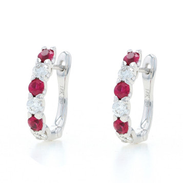 White Gold Ruby Diamond J-Hoop Earrings - 18k Round 1.05ctw Pierced