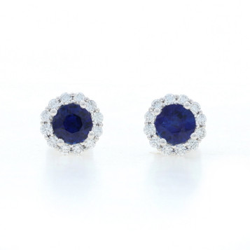 White Gold Sapphire Diamond Halo Stud Earrings - 18k Round 1.54ctw Pierced