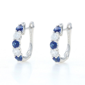 White Gold Sapphire Diamond J-Hoop Earrings - 18k Round 1.41ctw Pierced