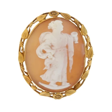 Yellow Gold Carved Shell Cameo Edwardian Classical Figure Brooch 14k Antique Pin