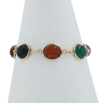 Yellow Gold Aventurine Quartz Tiger's Eye Onyx Vintage Link Bracelet 7 3/4" 14k