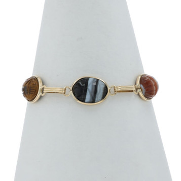 Yellow Gold Chalcedony Banded Agate Vintage Bracelet 7 1/4" 14k Carved Scarab