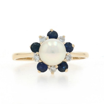 Yellow Gold Pearl Sapphire Diamond Ring - 14k .65ctw Flower