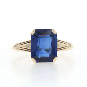 Yellow Gold Sapphire Art Deco Solitaire Ring - 10k Rectangular 2.80ct