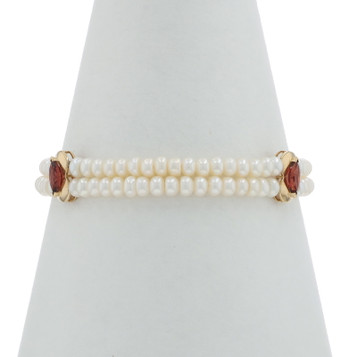 Yellow Gold Button Pearl Garnet Dbl Strand Station Bracelet 7 1/4" 14k 1.26ctw