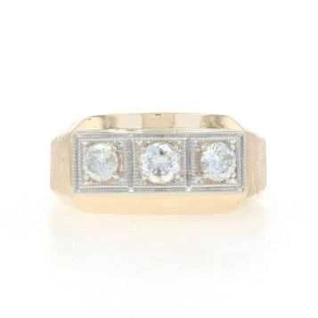 Yellow Gold Diamond Three-Stone Men's Ring - 14k Round Brilliant 1.02ctw