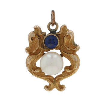 Yellow Gold Pearl Sapphire Edwardian Feather Scroll Pendant - 14k