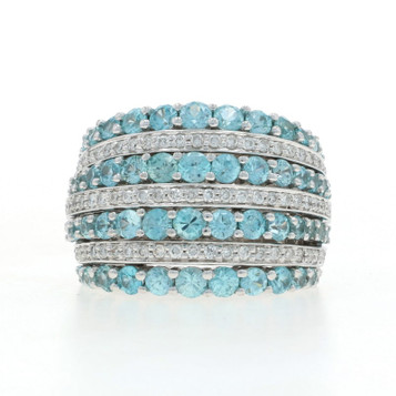 White Gold Blue Zircon Diamond Cocktail Band - 14k Round 4.76ctw Stripes Ring