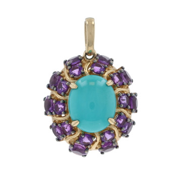 Yellow Gold Turquoise Amethyst Halo Pendant - 14k Oval Cabochon Floral