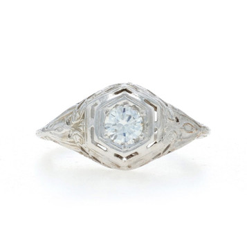 White Gold Diamond Art Deco Solitaire Ring - 14k Round .33ct Vintage Filigree